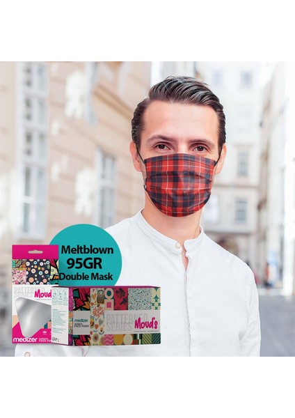 Kırmızı Ekose Desenli Meltblown Kumaş Full Ultrasonik 3 Katlı Cerrahi Maske - Burun Telli modelleri