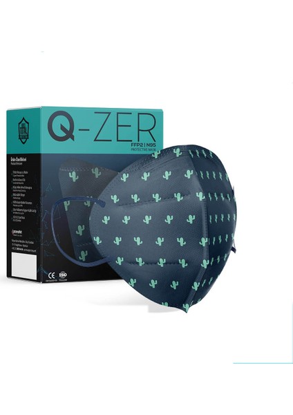 Qzer Yeşil Kaktüs Desenli Ffp2 N95 Maske Meltblown Katmanlı