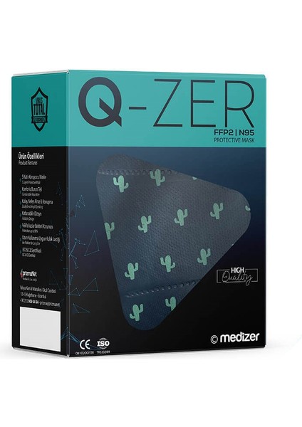 Qzer Yeşil Kaktüs Desenli Ffp2 N95 Maske Meltblown Katmanlı