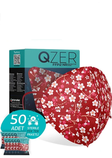 Qzer Kırmızı Çiçek Desenli Ffp2 N95 Maske 5 Katmanlı