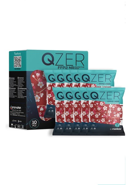 Qzer Kırmızı Çiçek Desenli Ffp2 N95 Maske 5 Katmanlı