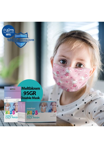 Pembe Ayıcık Desenli 3 Katlı Meltblown Cerrahi Çocuk Maskesi Telli modelleri