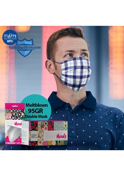 Mavi Çizgi Ekose Desenli Meltblown Kumaş Full Ultrasonik 3 Katlı Cerrahi Maske - Burun Telli