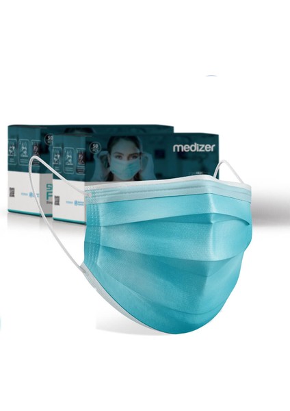 Medizer Full Ultrasonik Cerrahi Ağız Maskesi 3 Katlı Spunbond Kumaş 100 Adet - Burun Telli - Mavi