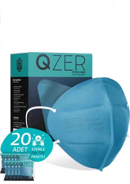 Qzer Mavi Renk 5 Katmanlı Ffp2 N95 Maske