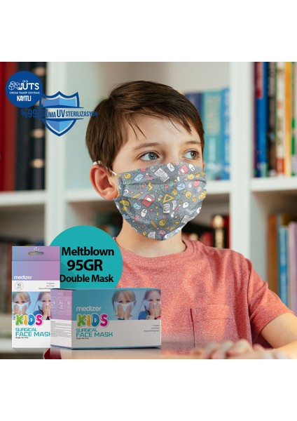 Okul Desenli 3 Katlı Meltblown Cerrahi Çocuk Maskesi Telli