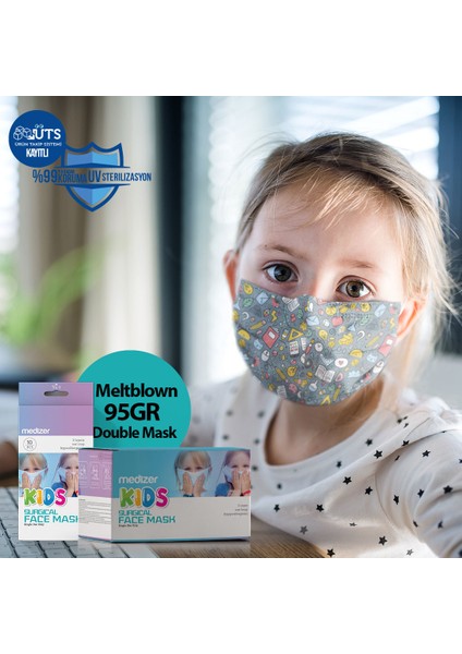 Okul Desenli 3 Katlı Meltblown Cerrahi Çocuk Maskesi Telli