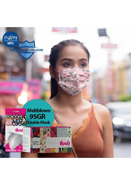Pembe Çiçek Desenli 3 Katlı Meltblown Kumaş Cerrahi Maske 10'lu Kutu - Burun Telli modelleri
