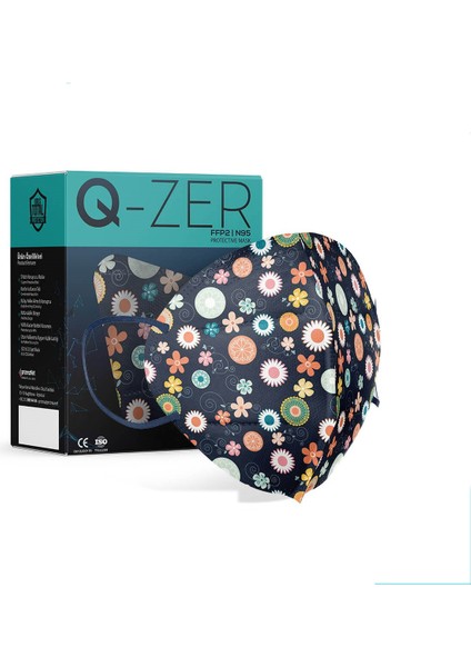 Qzer Lacivert Çiçek Desenli Ffp2 N95 Maske Meltblown Katmanlı