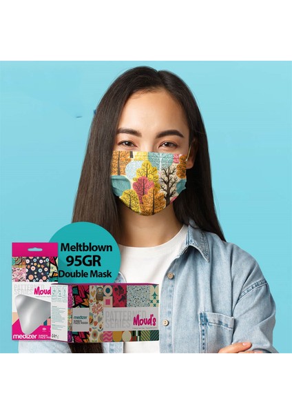 Renkli Ağaç Desenli 3 Katlı Meltblown Kumaş Cerrahi Maske 10'lu Kutu - Burun Telli modelleri