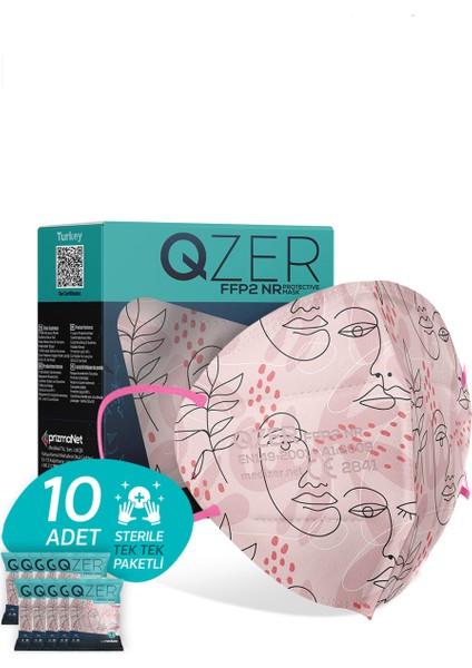 Qzer Çizgisel Kadın Desenli Ffp2 N95 Maske 5 Katmanlı