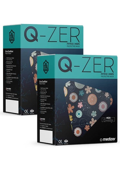 Qzer Lacivert Çiçek Desenli Ffp2 N95 Maske Meltblown Katmanlı