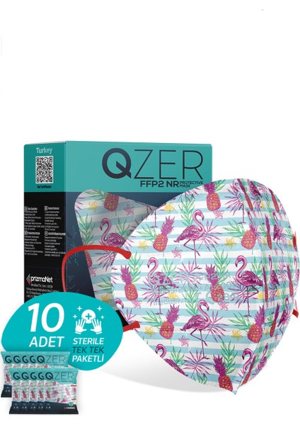 Qzer Tropikal Flamingo Desenli Ffp2 N95 Maske 5 Katmanlı
