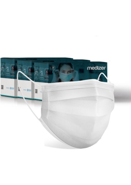 Medizer Full Ultrasonik Cerrahi Ağız Maskesi 3 Katlı Spunbond Kumaş 150 Adet - Burun Telli - Beyaz