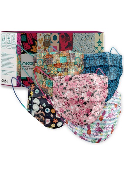 Mouds Serisi 3 Meltblown Kumaş 3 Katlı Full Ultrasonik Cerrahi Ağız Maskesi 5 Desen - Burun Telli