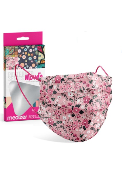 Pembe Çiçek Desenli 3 Katlı Meltblown Kumaş Cerrahi Maske 10'lu Kutu - Burun Telli