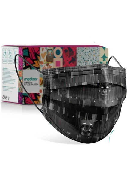 Siyah Erkek Desen Full Ultrasonik Cerrahi Ağız Maske 3 Katlı Meltblown Kumaş -Telli
