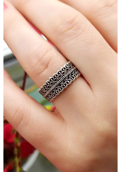 Antik Gümüş Kaplama Desen Motifli El Yapımı Ayarlanabilir Kadın Yüzük