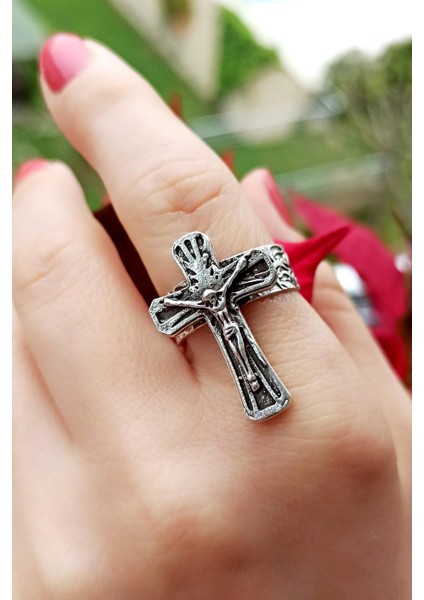 Antik Gümüş Kaplama Haç Şekilli El Yapımı Ayarlanabilir Unisex Yüzük