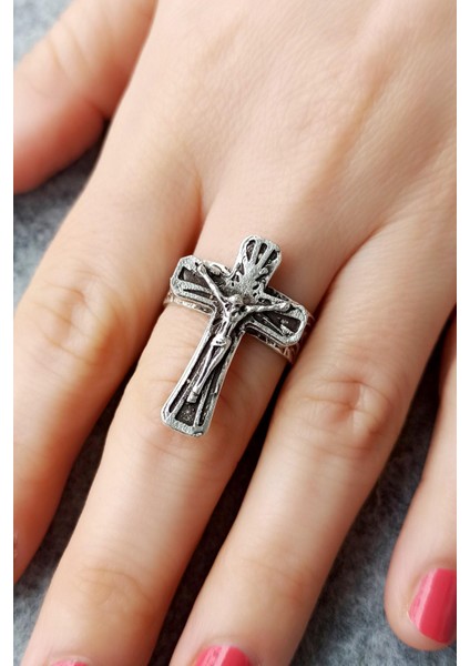 Antik Gümüş Kaplama Haç Şekilli El Yapımı Ayarlanabilir Unisex Yüzük fiyatları