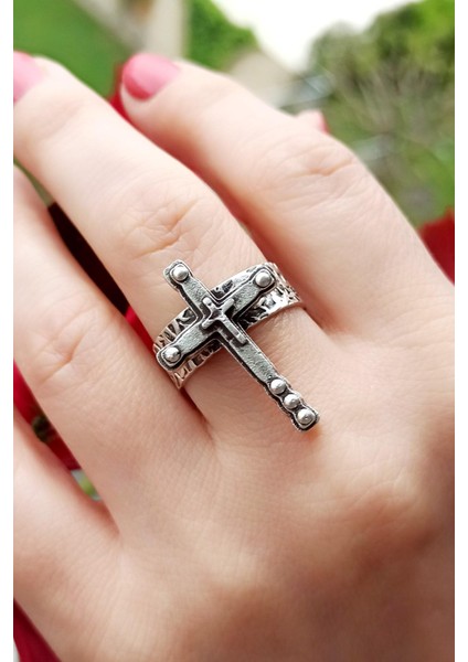 Antik Gümüş Kaplama Haç Şekilli El Yapımı Ayarlanabilir Unisex Yüzük