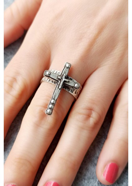 Antik Gümüş Kaplama Haç Şekilli El Yapımı Ayarlanabilir Unisex Yüzük fiyatları