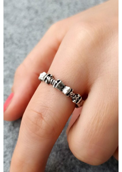 Antik Gümüş Kaplama Ince Kuru Kafalar Şekilli El Yapımı Ayarlanabilir Unisex Yüzük