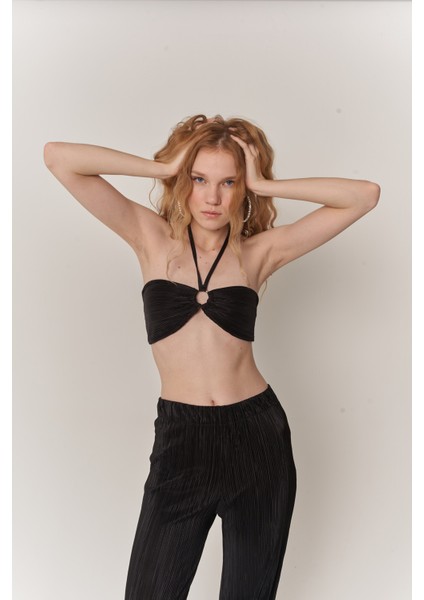 Kadın Siyah Crop Bağlamalı Cardy Bluz