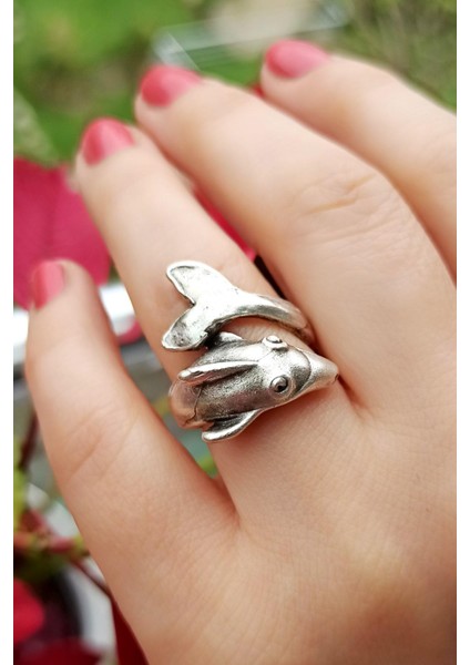 Antik Gümüş Kaplama Yunus Şekilli El Yapımı Ayarlanabilir Unisex Yüzük