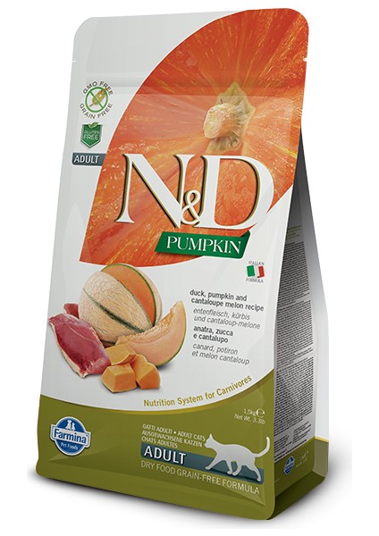 N-D Pumpkin Tahılsız Ördek Etli Bal Kabaklı ve Kavunlu Yetişkin Kedi Maması 1.5 kg