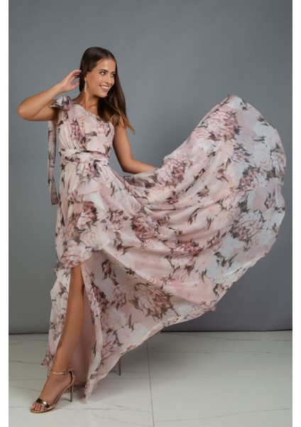 Pudra Empirme Tek Kol Yırtmaçlı Uzun Abiye Elbise