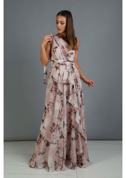 Pudra Empirme Tek Kol Yırtmaçlı Uzun Abiye Elbise modelleri