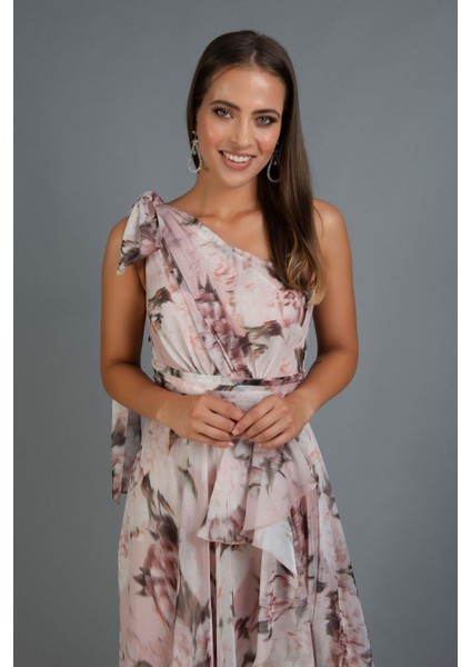 Pudra Empirme Tek Kol Yırtmaçlı Uzun Abiye Elbise fırsatları