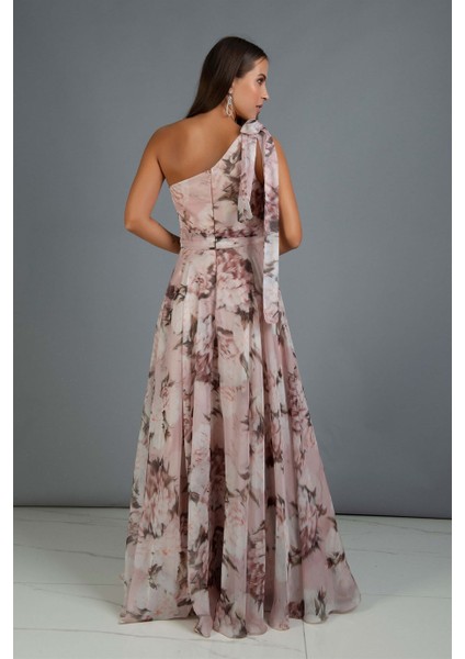 Pudra Empirme Tek Kol Yırtmaçlı Uzun Abiye Elbise indirimleri