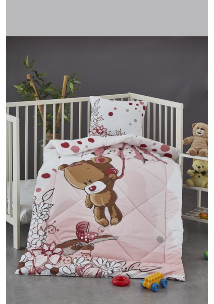 Baskılı %100 Pamuklu Silikon Elyaf Bebek Yorganı+Yastık