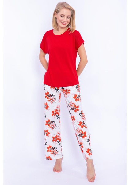 Kırmızı Kadın Pijama Takımı Çiçek Desenli