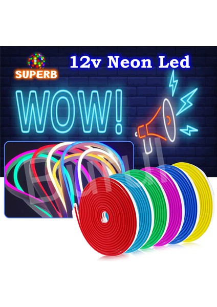 Superb 12 Volt Neon Şerit LED Buz Mavisi Işık Aydınlatma 5 Metre