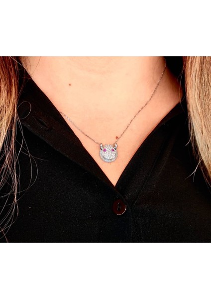 Şeytan Boynuzlu Gülen Emoji Gümüş Kolye indirimleri