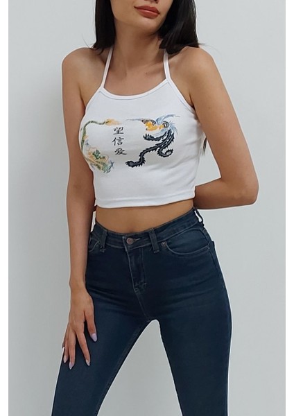 Çapraz Askılı Desenli Crop Bluz Beyaz fiyatları