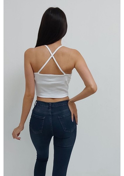 Çapraz Askılı Desenli Crop Bluz Beyaz indirimleri