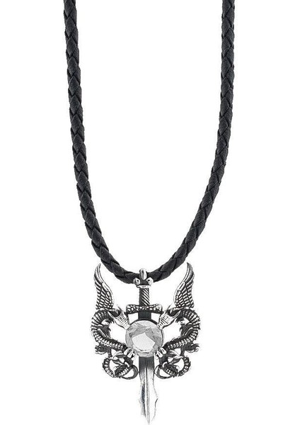 Çift Ejderha Tasarımlı Hançer Detaylı Beyaz Zirkon Taşlı 925 Ayar Gümüş Deri Ipli Kolye