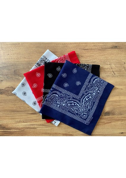 Unisex 4 Adet Etnik Desenli Bandana Seti (Siyah-Kırmızı-Lacivert-Beyaz)