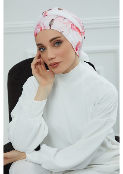 Şifon Kuşaklı Desenli Penye Bone,desen 26 - BEYAZ,B-24YD