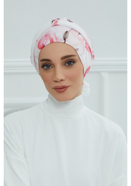 Şifon Kuşaklı Desenli Penye Bone,desen 26 - BEYAZ,B-24YD