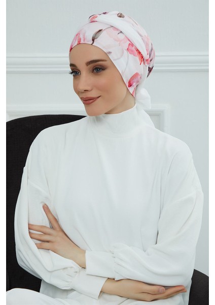 Şifon Kuşaklı Desenli Penye Bone,desen 26 - BEYAZ,B-24YD