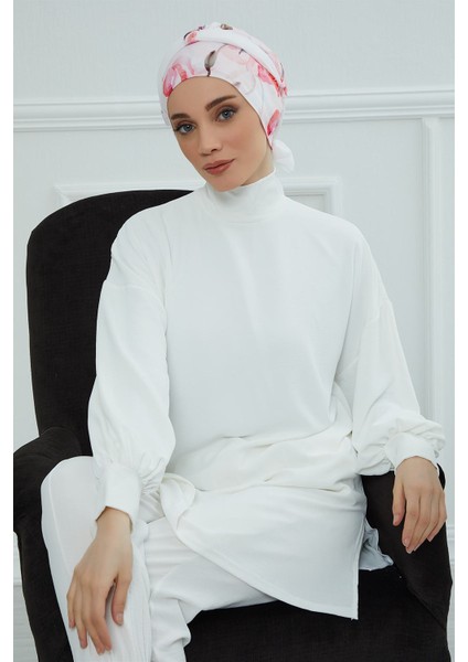 Şifon Kuşaklı Desenli Penye Bone,desen 26 - BEYAZ,B-24YD