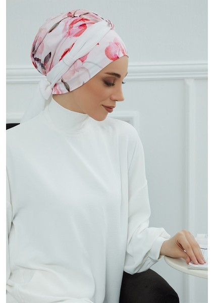 Şifon Kuşaklı Desenli Penye Bone,desen 26 - BEYAZ,B-24YD