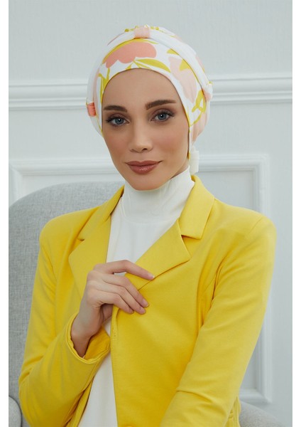 Şifon Kuşaklı Desenli Penye Bone,desen 31 - BEYAZ,B-24YD