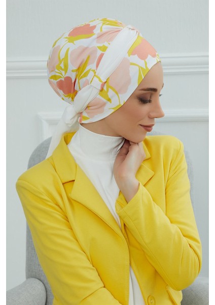Şifon Kuşaklı Desenli Penye Bone,desen 31 - BEYAZ,B-24YD