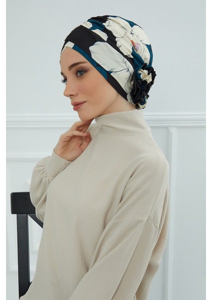 Desenli Çapraz Güllü Bone,desen 32,B-26YD